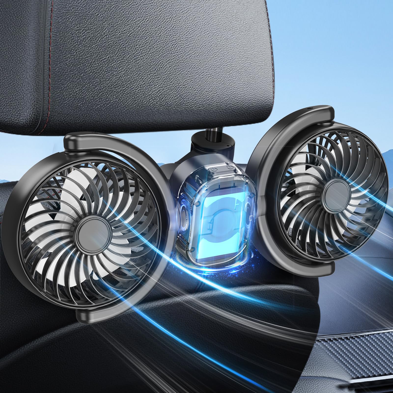 Photo 1 of Dealswin Rechargeable Car Fan for Backseat Kids Baby, Battery and USB Dual Power Car Fans, Powerful 3 Speeds 360° Rotatable Dual Head Cooling Car Seat Fan for Sedan SUV RV Truck Vehicle