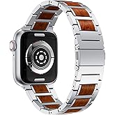 Anrir Compatible for Apple Watch 49mm 45mm 44mm 42mm Bands, Red Sandalwood Wood Stainless Steel Replacement Wrist Strap for Apple Watch Ultra & SE Series 8 7 6 Series 5 4 3 2 1 Watch Bands-Silver