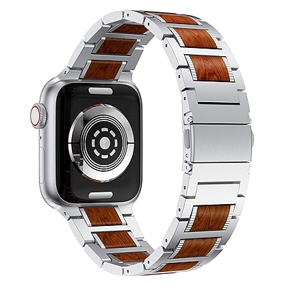 Anrir Compatible for Apple Watch 44mm 42mm Smart Watch, Red Sandalwood Wood and Silver Stainless Steel Replacement Wrist Strap Compatible with Apple ...