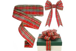Yinder Plaid Christmas Wired Ribbon 1.5 Inch 30 Yard Traditional Red Tartan Plaid Christmas Holiday Ribbon Green Red Gold Garland Home Decor Gift Wrapping DIY Craft