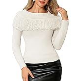 WLLW Women's Fringe Tops Juniors Boat Neck Sweater Long Sleeve Pullover Sweater Slim Fit Off Shoulder Sweaters