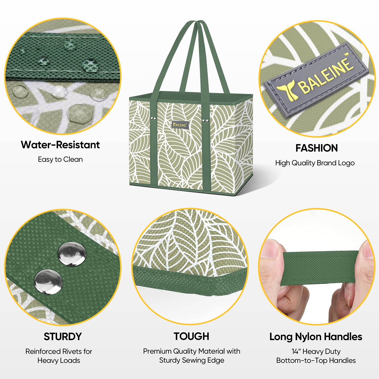 BALEINE 3Pk Reusable Grocery Bags, Foldable Shopping Bags for Groceries with Reinforced Bottom & Handles (Antique Foliage)