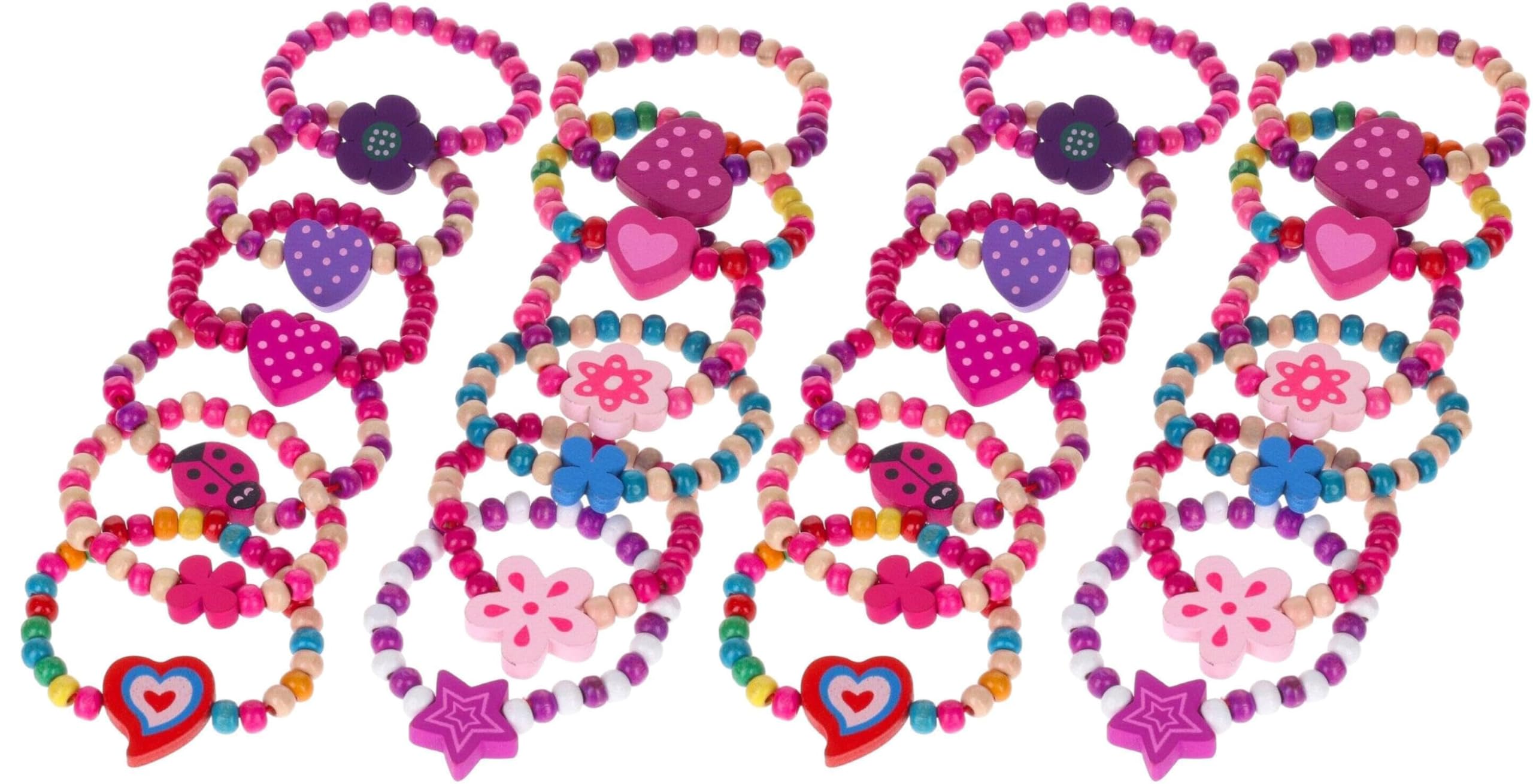 MVS Wholesale 24 x Eco Friendly Assorted Designs And Colours Of Wooden Princess Bracelets, Ideal Party Bag Fillers and Favours, Pinata Prizes, Goody Bags Etc.
