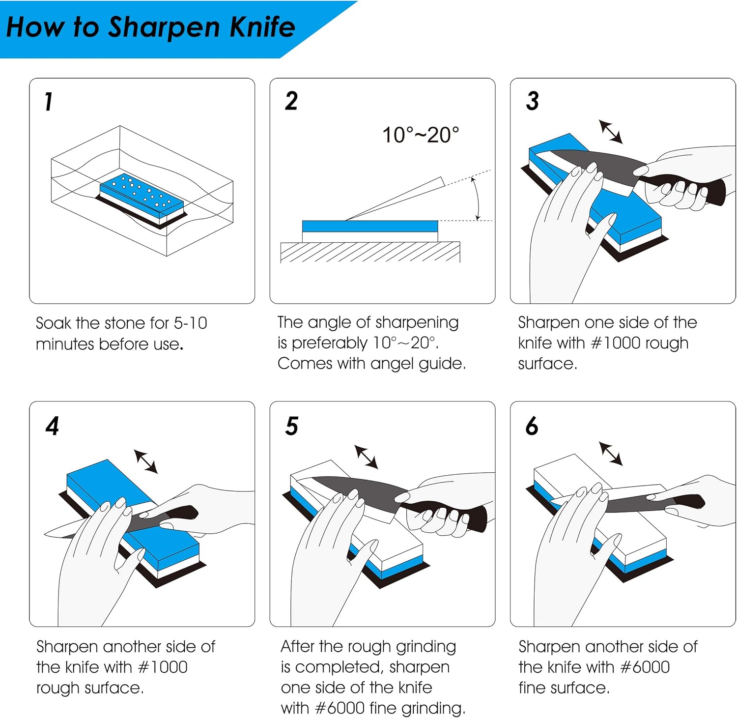 PHYEX Knife Sharpening Stone, Combination Dual Sided 1000/6000, with Non Slip Base, Flattening Stone & Angle Guide: Kitchen & Dining