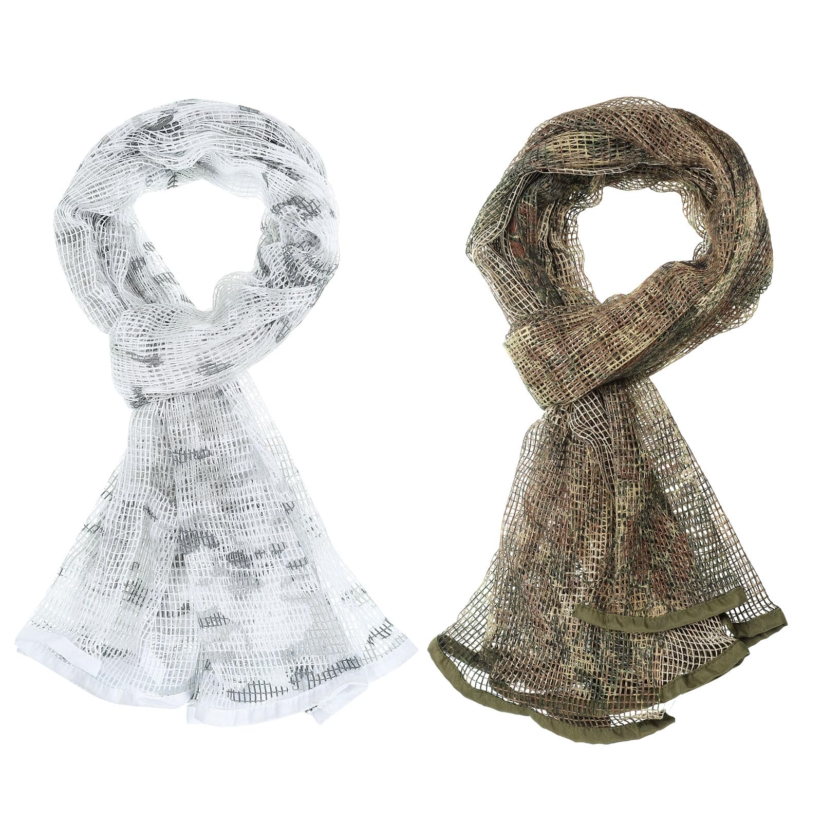PATIKIL 71"x35" Camouflage Veil Scarf, 2Pcs Camo Netting Veil Mesh Neck Scarves Desert Mesh Scarves for Outdoor Activities, Snow Camo/Green