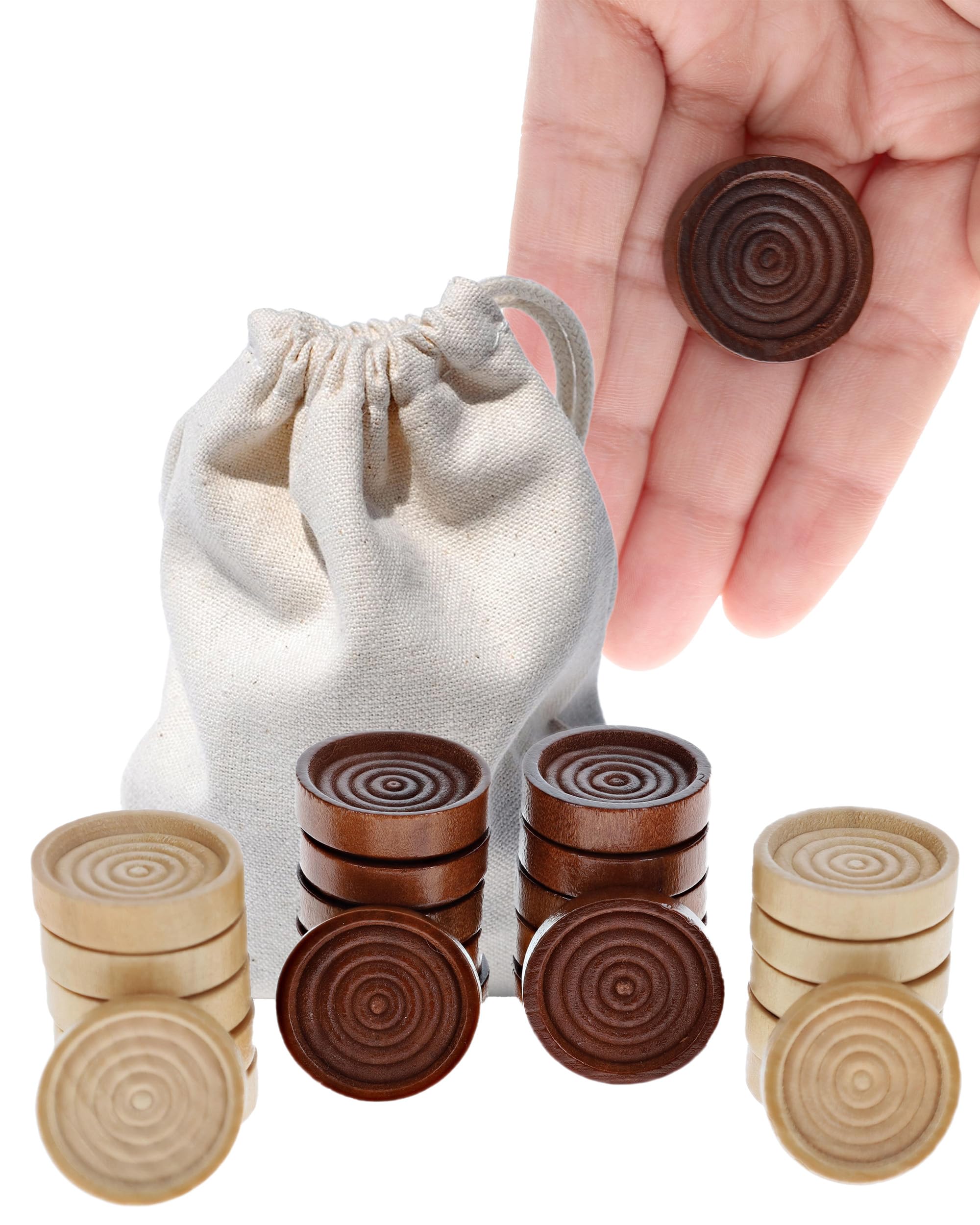 WE Games Wooden Checkers Pieces Only (1.06 inch), Checker Board Game & Backgammon Pieces, 24 Brown and Natural Stained Stackable Ridges with a Drawstring Storage Bag, Replacement Game Piece