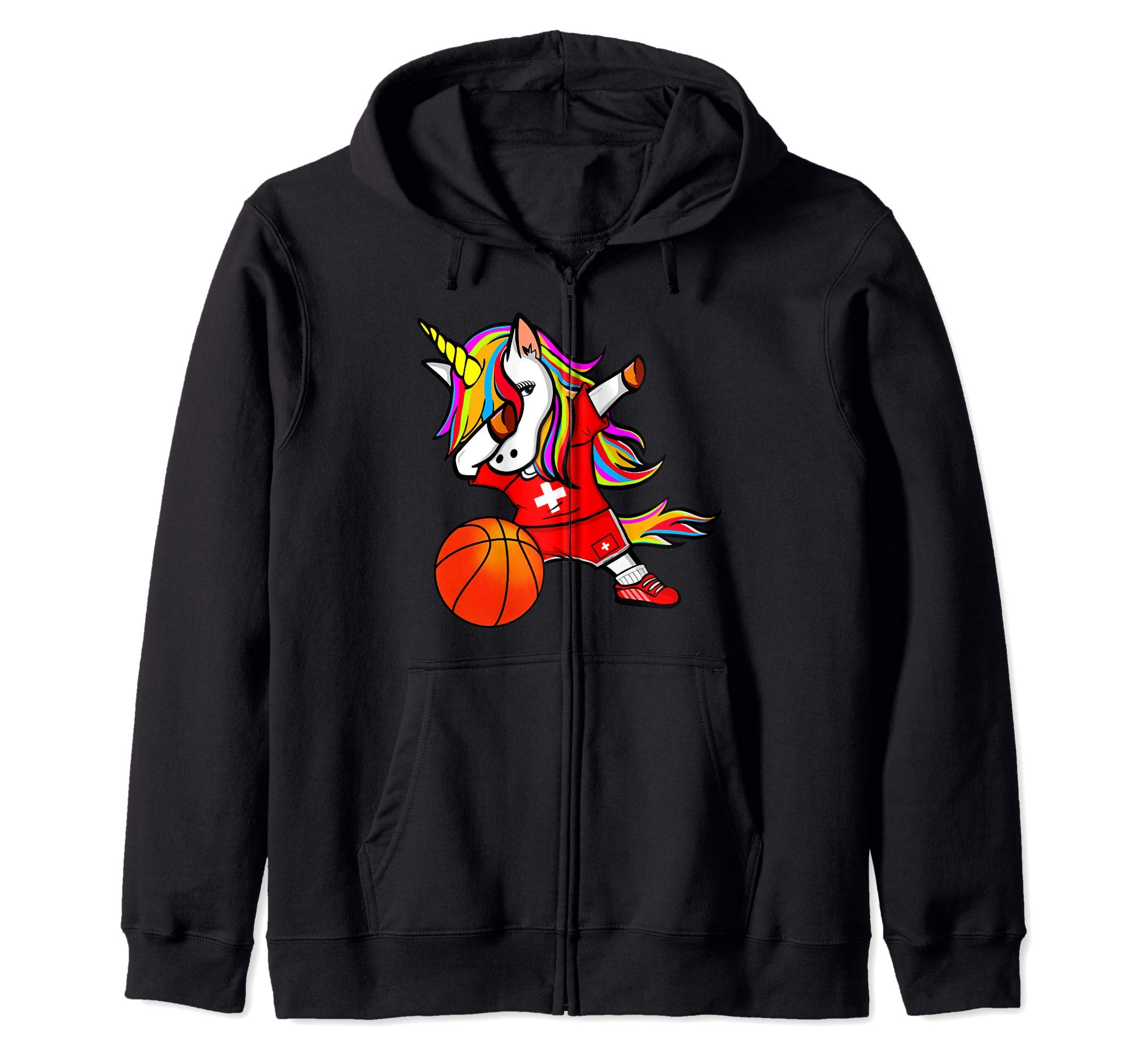 Funny Dabbing Unicorn Switzerland Basketball - Swiss Flag Zip Hoodie