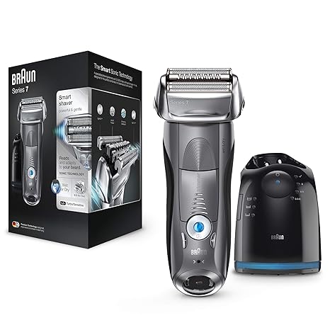 Braun Series 7 Premium Edition Herren Elektrorasierer 7865cc, mit Reinigungs- und Ladestation, Reise-Etui, grau