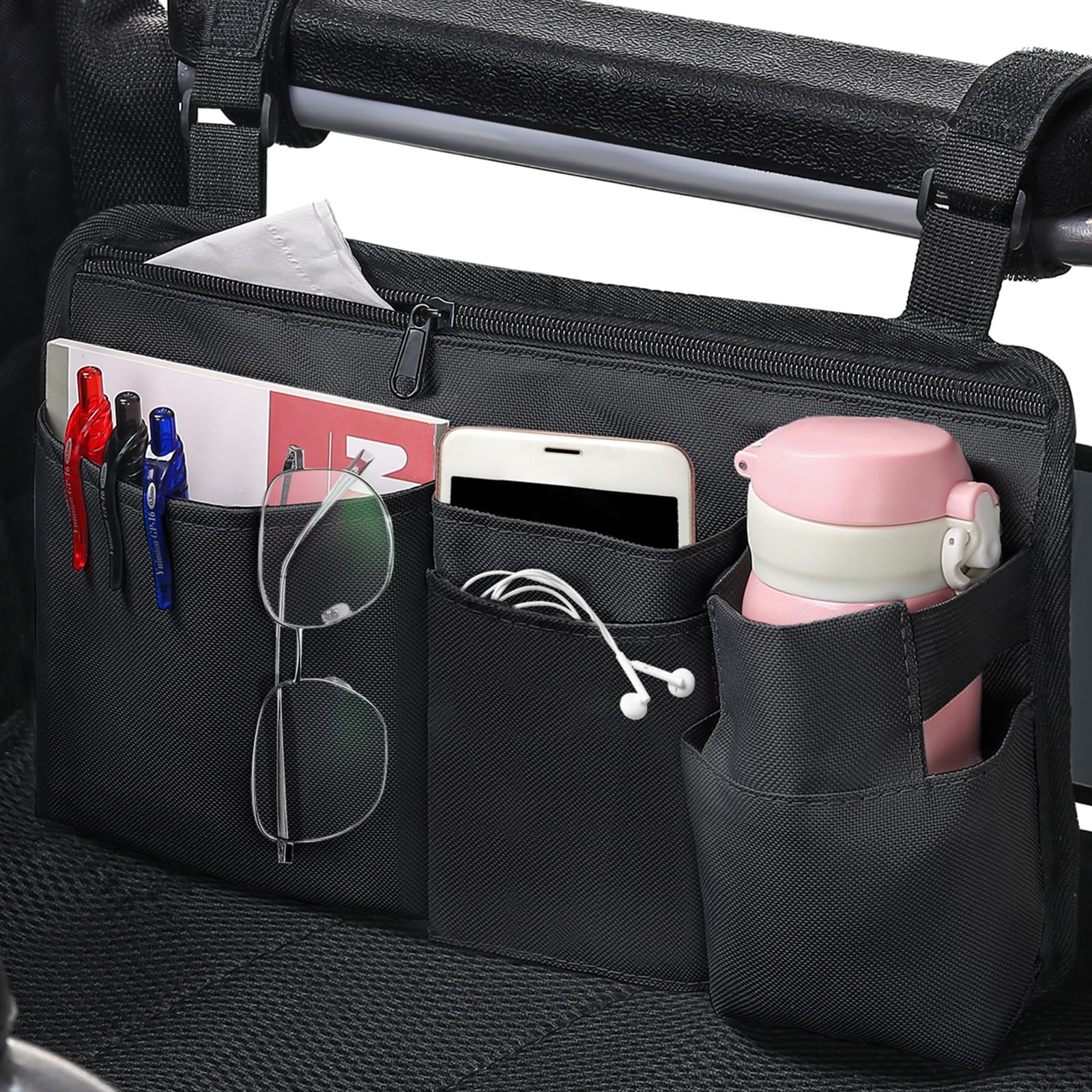 CTWWFS Upgrade Wheelchair Side Bag with Cup Holder, Armrest Accessories for Wheelchair, Rollator, Walker, The Perfectly Organized to Free your Hands and Bring you A Wonderful Life Experience (Black)