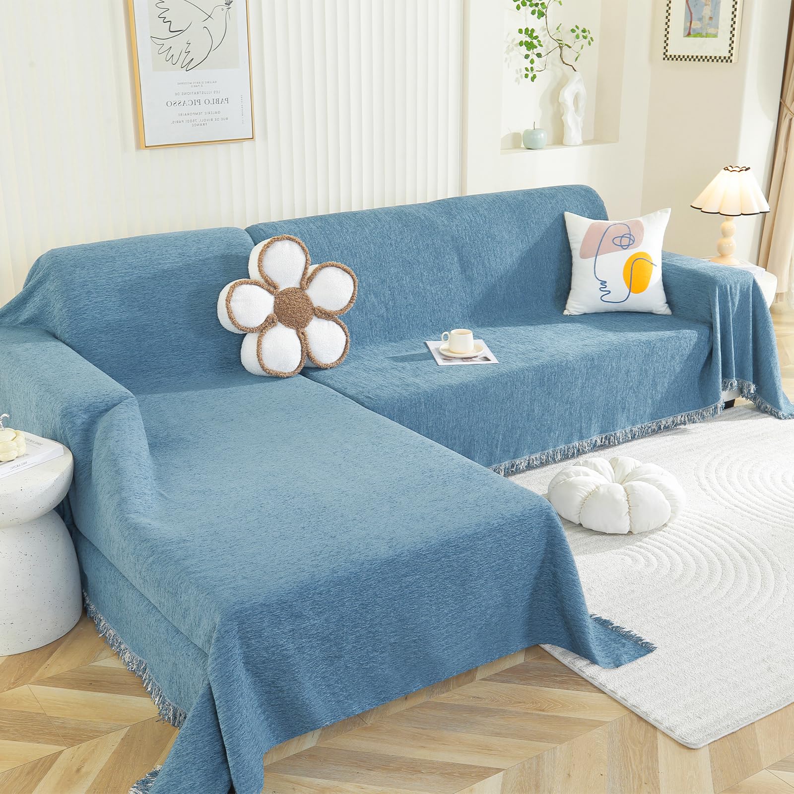 Photo 1 of Royhom Sectional Couch Covers 2 Pieces, L Shaped Couch Cover Blanket, Chenille Sofa Covers Washable, Sofa Slipcover with Tassel, Suitable for All Seasons (71"x110"+71"x118", Blue)