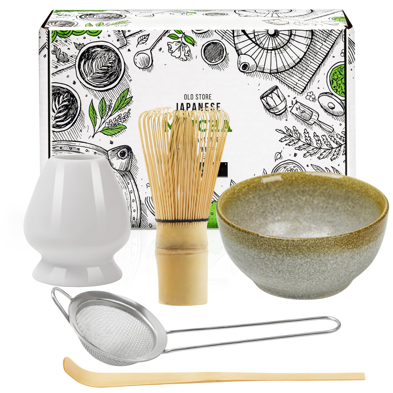 Japanese Matcha Tea Set of 5,Matcha Whisk Set with 100 Prong Whisk, Whisk Holder,Traditional Scoop, Tea Sifter and Ceramic Matcha Bowl,Tea Ceremony Accessory for Making Matcha