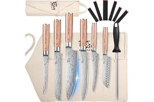 SYOKAMI Knife Set, 14 Piece Japanese Style Kitchen Knives with Roll Bag, Razor Sharp Wooden Handle Cutting Knife with 6 Blade