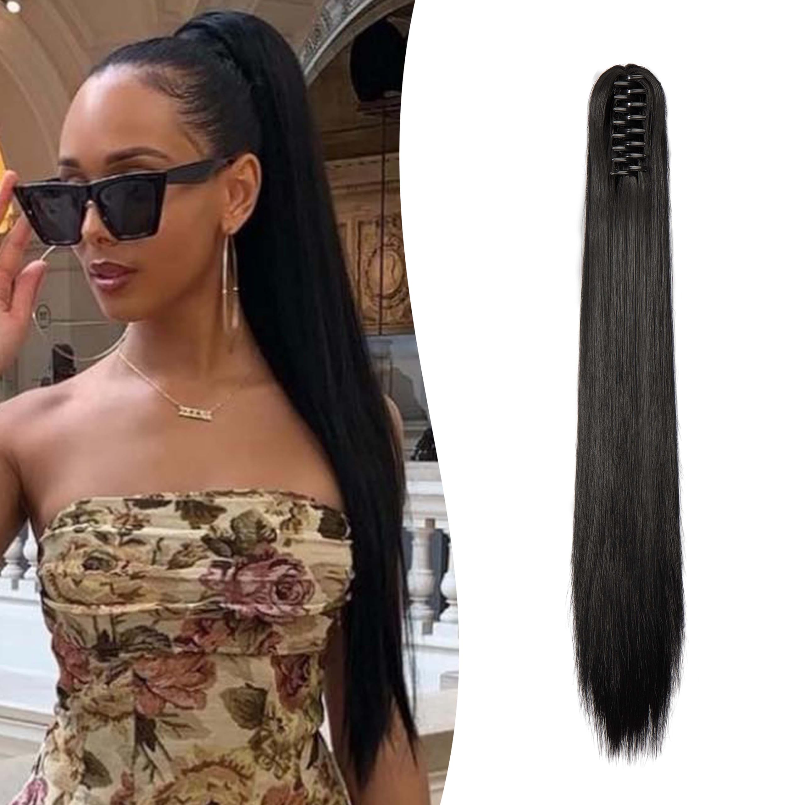 Gairyan Clip in Ponytail Hair Extensions 24 inch Ponytail Extension Long Straight Pony Tails Claw on Ponytail Synthetic Hairpieces for Women Soft Natural Look (Black)