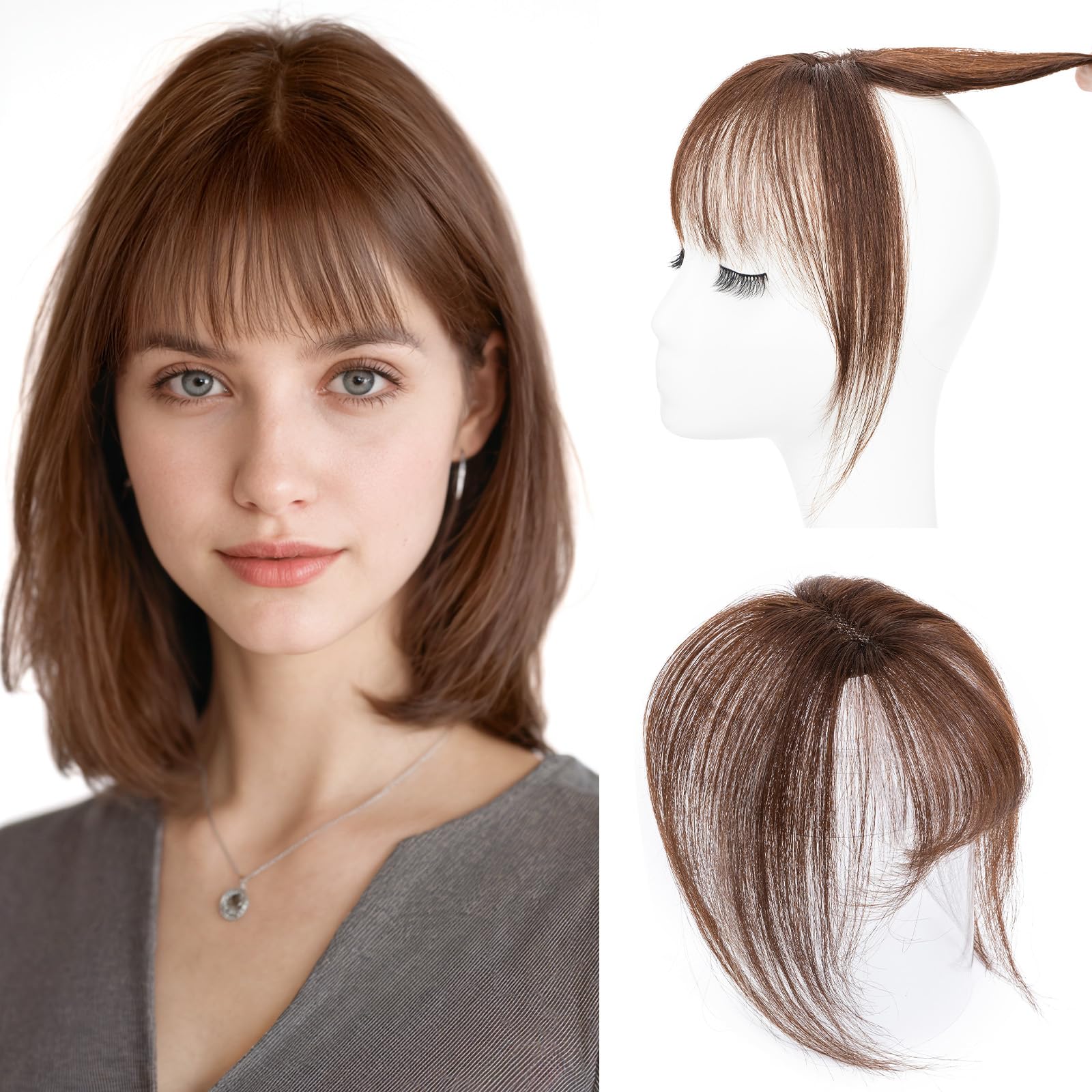 Photo 1 of Hairro Bangs Hair Clip 3D 360°Cover Clip On Bangs Remy Human Hair Topper With Bangs Fringe French Bangs With Temples Clip In Bangs Hair Extensions 8 Inches 10g #02 Dark Brown