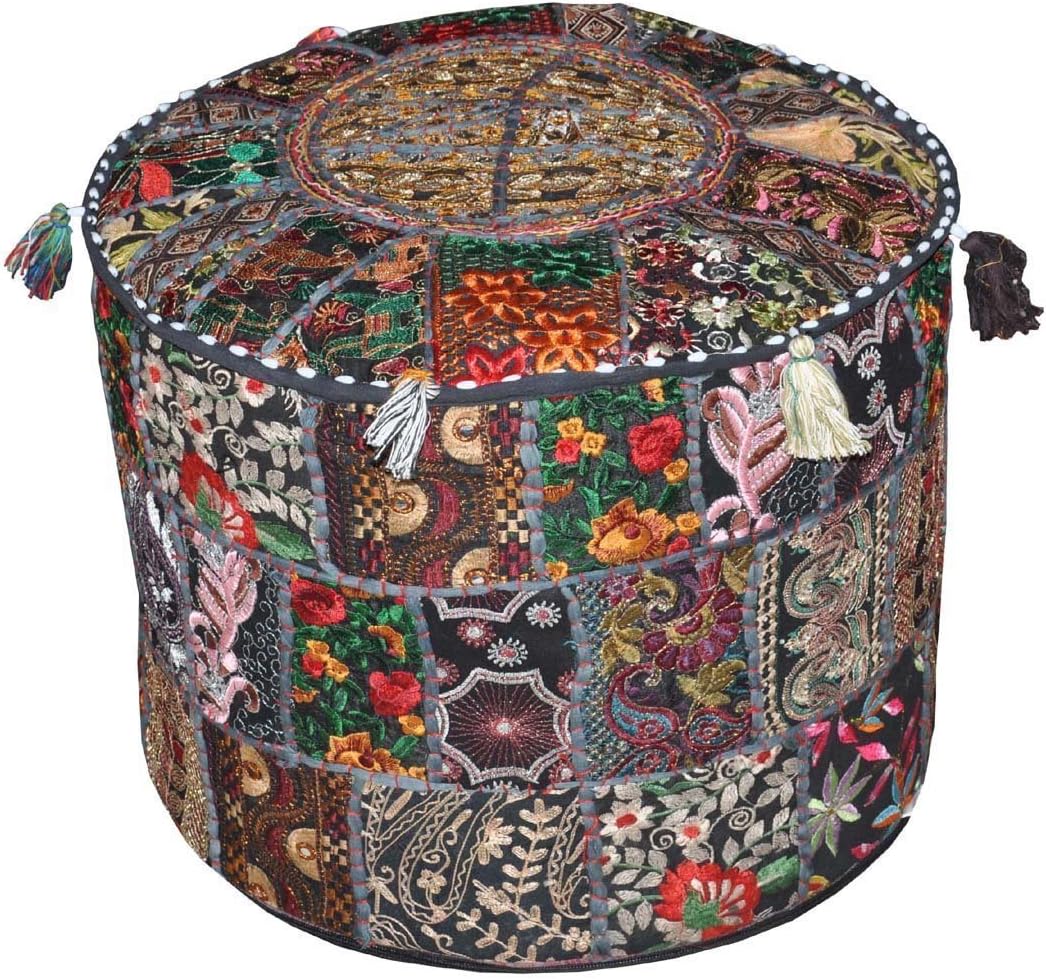 Traditional Decorative Ottoman Comfortable Floor Cushion Foot Stool Embellished With Embroidery & Patchwork cover, 45 X 33 Cm