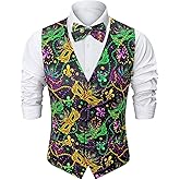 Fashonal 2-Piece Men's Mardi Gras Halloween Vest, Waistcoat Vest & Bow Tie S-3XL