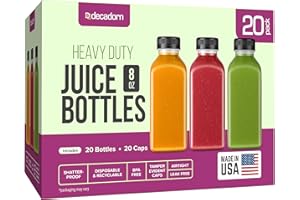 DECADORN 8oz Plastic Juice Bottles For Juicing - 20 Pack Plastic Bottles With Caps - MADE IN USA Juicing Bottles Reusable With Lids - Juicer Bottles With Tamper Evident Caps - Juice Containers