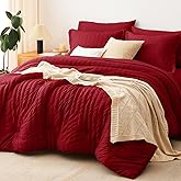CozyLux Queen Comforter Set Dark Red Seersucker 7 Pieces Bed in a Bag Queen Comforter Set with Sheets, Luxury Soft Bedding Set with Down Alternative Comforter, Sheets, Pillowcases & Shams All Seasons