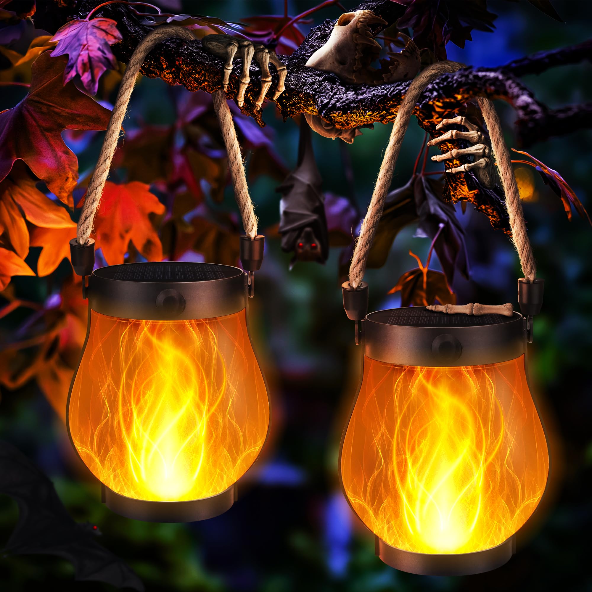 Photo 1 of Jyoiat Halloween Solar Flame Lantern Hanging Outdoor Waterproof Purple - 2 Pack Flame Lanterns with Dual Charging Modes of Solar & USB for Garden or Yard Halloween Decorations (Warm White - 2 Pack)