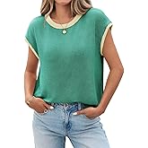 Tankaneo Womens Summer Color Block T-Shirts Cap Sleeve Textured Ribbed Knit Tees Casual Ringer Crew Neck Loose Fit Tops