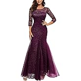 Miusol Women's Classy Floral Lace 2/3 Sleeve Mermaid Evening Formal Maxi Dress