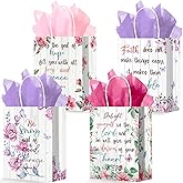 Yiaoyinnz 24Pcs Religious Gift Bags Bible Verse Paper Bags Party Favors with Handles 24 Tissues Christian Gift Bulk Baptism Church Inspirational Flower Bag for Women Girl Birthday Wedding