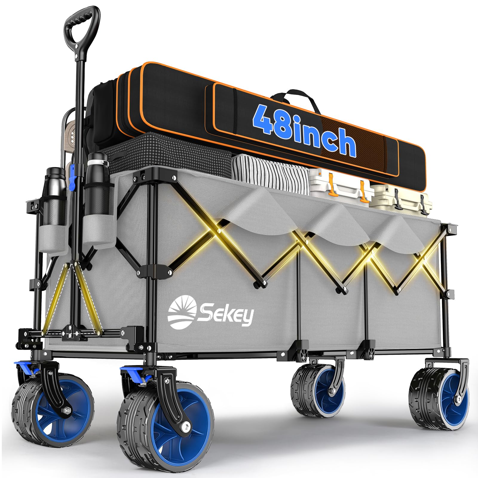 Sekey Extended Collapsible Foldable Wagon with 660lbs Weight Capacity, Heavy Duty Folding Utility Garden Cart with Big All-Terrain Beach Wheels & Drink Holders. Light Gray Image