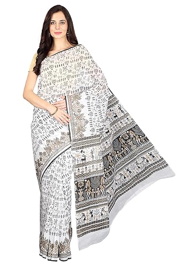 Women's Gadwaal Cotton Saree With Blouse Piece (MK3723_White & Black)