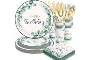 Sage Green Birthday Decorations, Sage Green Birthday Plates and Napkins for Women 168Pcs, for Boho Neutral Green and Gold Dec