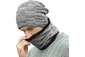 FZ FANTASTIC ZONE Mens Winter Beanie Hats Scarf Set Warm Knit Skull Caps Neck Warmer with Fleece Lined Gifts for Men Women
