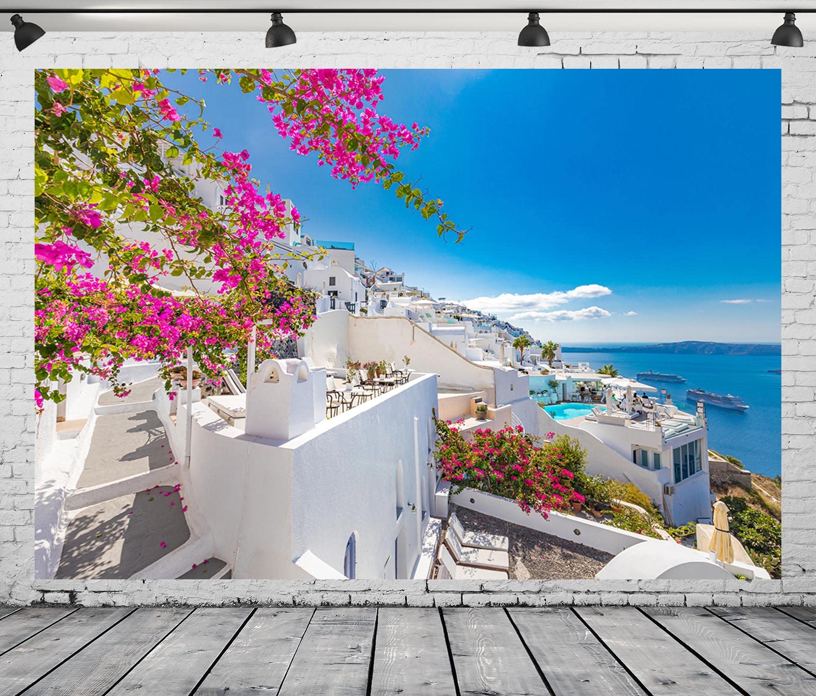 BELECO 7x5ft Greece Street Backdrop - Santorini Island Photo Background For Parties & Photography