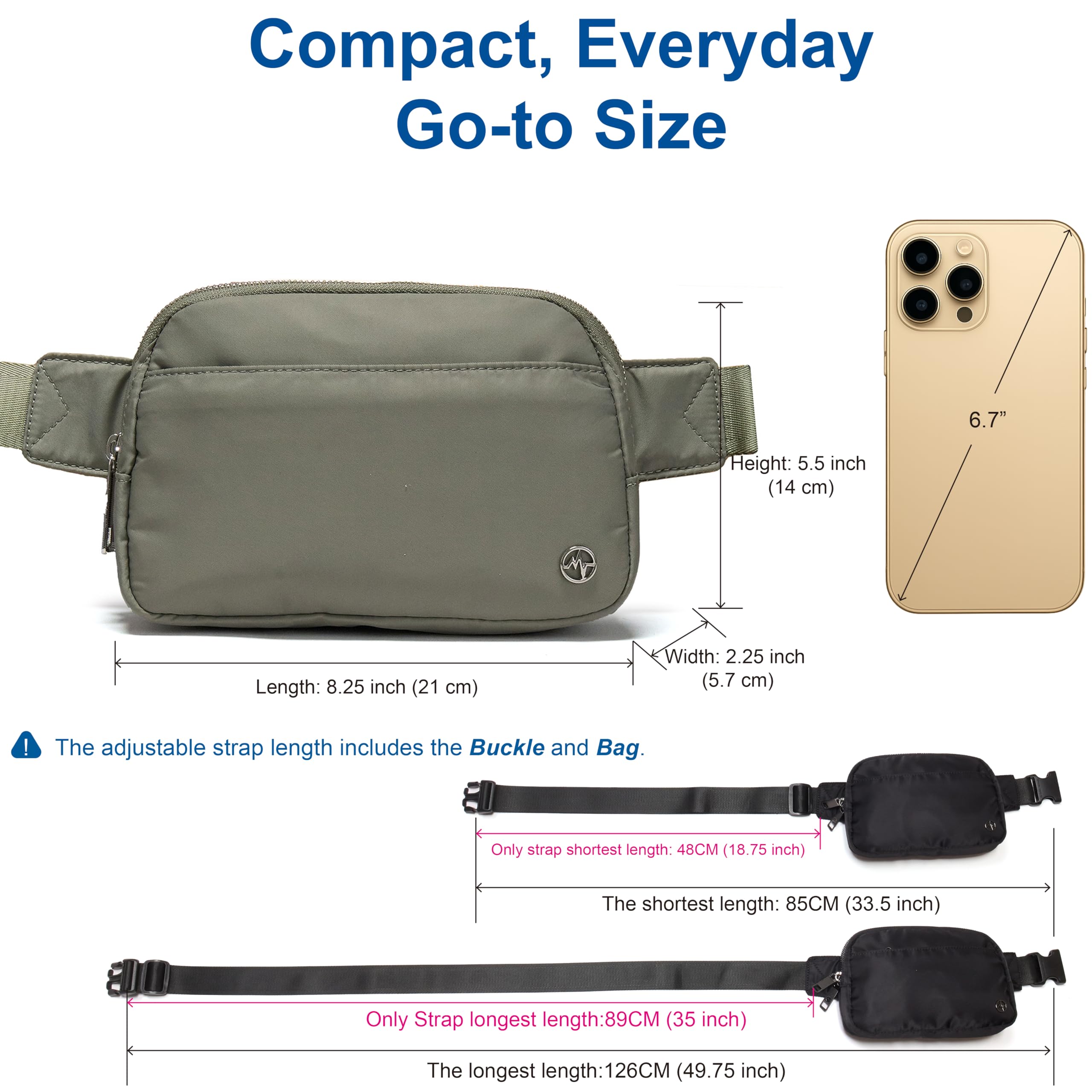 Pander Everywhere Belt Bag for Women, 5 Zipper Pockets Nylon Crossbody Fanny Pack Purse (Black)