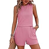 Amilia Women's 2 Piece Sets Crew Neck Sleeveless Striped Casual Loose Tops Shorts Basic Summer Lounge Set