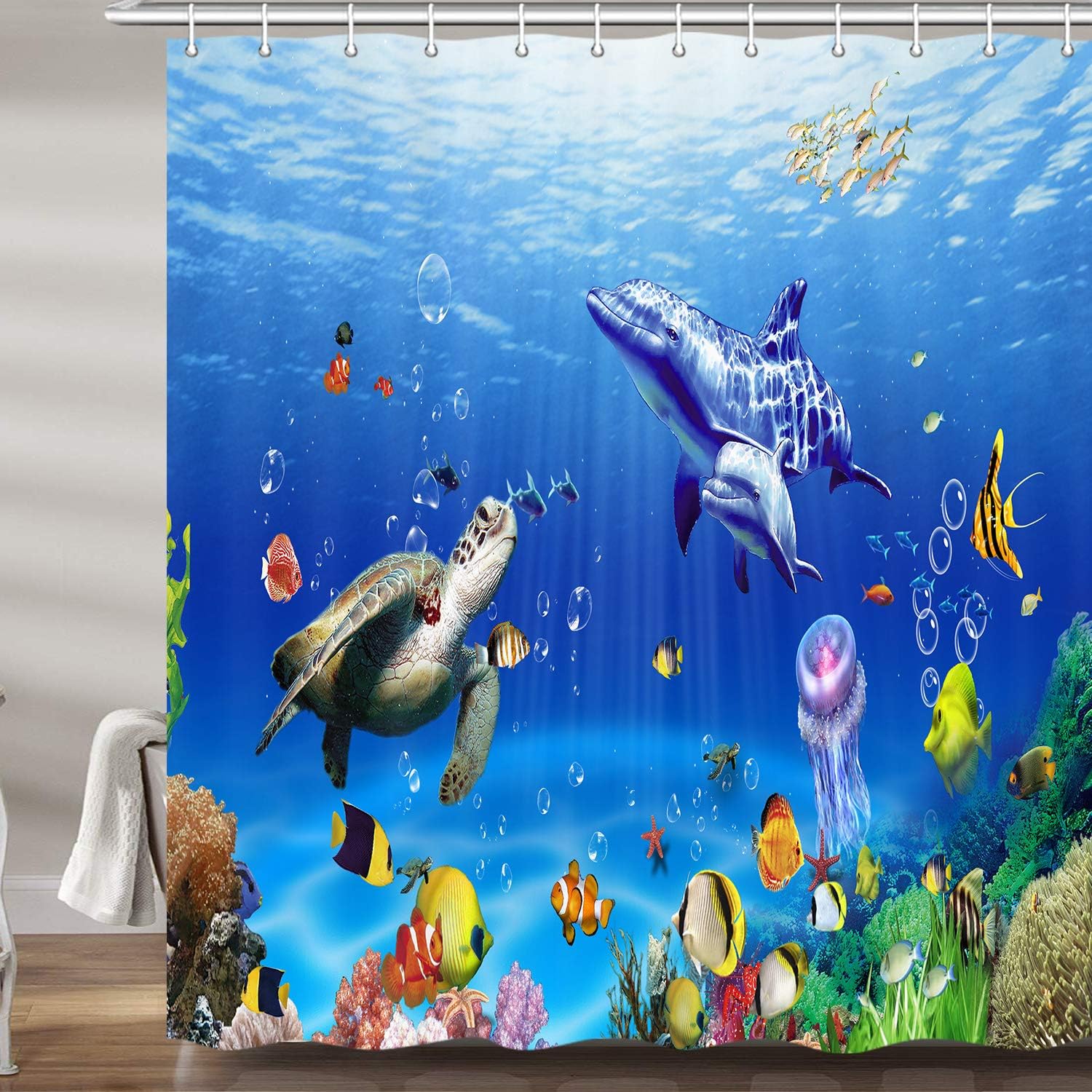 Ocean Underwater Marine Life Shower Curtain, Sea World Animals Tropical Fish Dolphin with Turtles Coral Waterproof Kids Bathroom Decor Polyester Fabric Bath Curtains, Hooks Included, 69X70 Inches