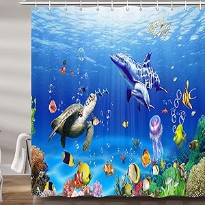 Ocean Underwater Marine Life Shower Curtain, Sea World Animals Tropical Fish Dolphin with Turtles Coral Waterproof Kids Bathroom Decor Polyester Fabric Bath Curtains, Hooks Included, 69X70 Inches