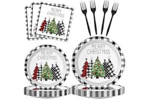ZOIIWA 96 Pieces Buffalo Plaid Christmas Tree Tableware Set for Christmas Party Black and White Gingham Buffalo Plaid Decorations Disposable Dessert Paper Plates Napkins Forks for 24 Guests