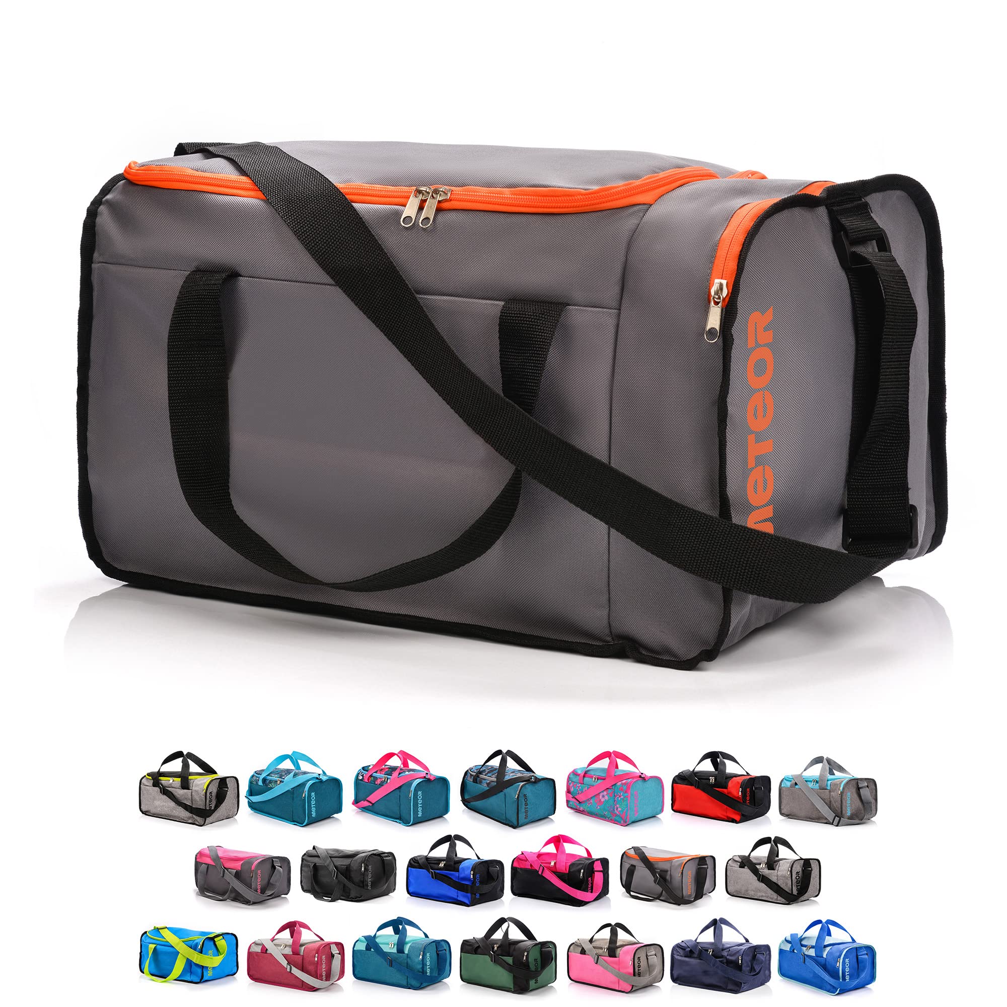 meteor Gym Bag Womens & Mens 40l - Lightweight Sports Holdall with Shoe Compartment & Shoulder Strap - Unisex Travel Duffel - Underseat Cabin Luggage for Weekend or Overnight Trip, Orange/Grey