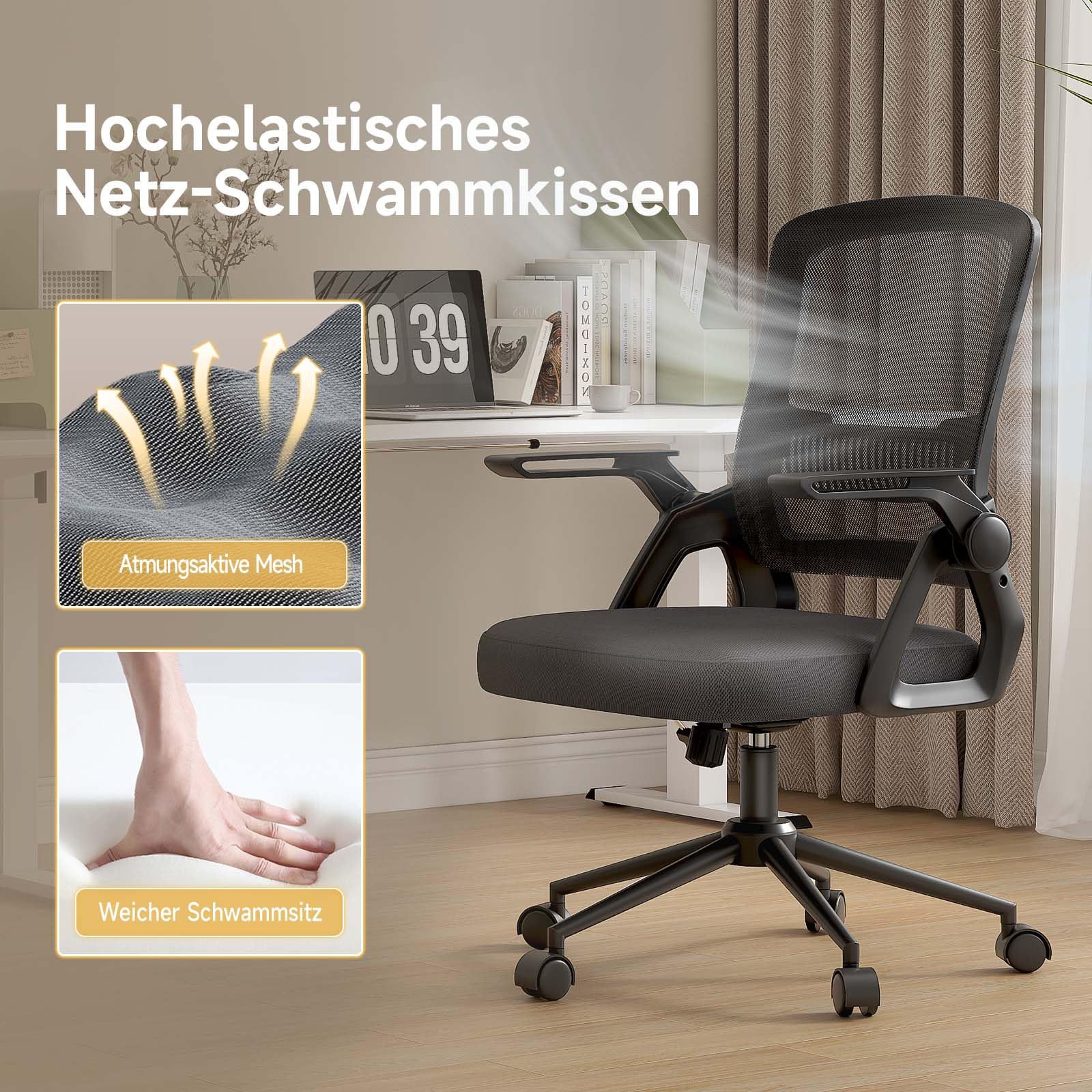 naspaluro Ergonomischer Bürostuhl mit Mesh-Rückenlehne und Lendenstütze, Höhenverstellbarer Schreibtischstuhl mit 90° Klappbaren Armlehnen, Drehstuhl für Homeoffice Büro, Schwarz 4