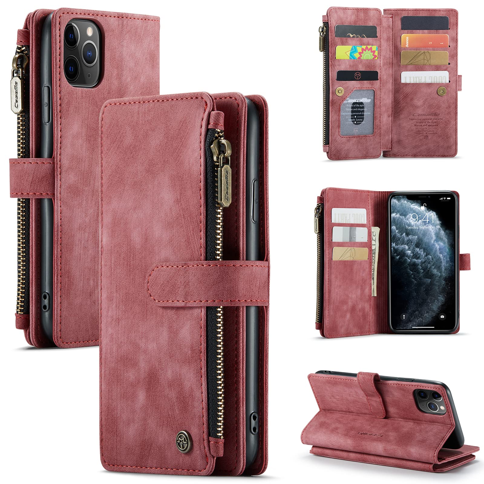 UFinetech Case for iPhone 11 Pro Max, Shockproof Card Holder Wallet Cover iPhone 11 Pro Max (6.5”), Anti-scratch Flip Magnetic Closure Built-in Kickstand Leather Soft TPU Slim Camera Protector, Red