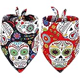 Whaline Mexican Dog Bandana Floral Skull Pet Bandana Red Black Skeleton Dog Bibs Cinco De Mayo Fiesta Pet Scarf Double-Sided Pet Neckerchief for Day of The Dead Party Small Medium Large Cat Dog, 2Pcs