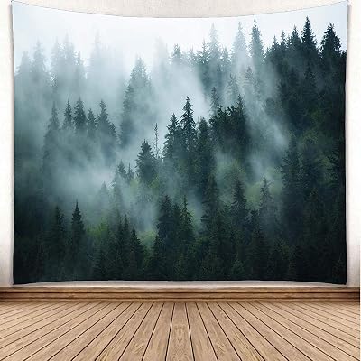 YISURE Misty Forest Tapestry 80x60 in Misty Pine Woodland Wall Art