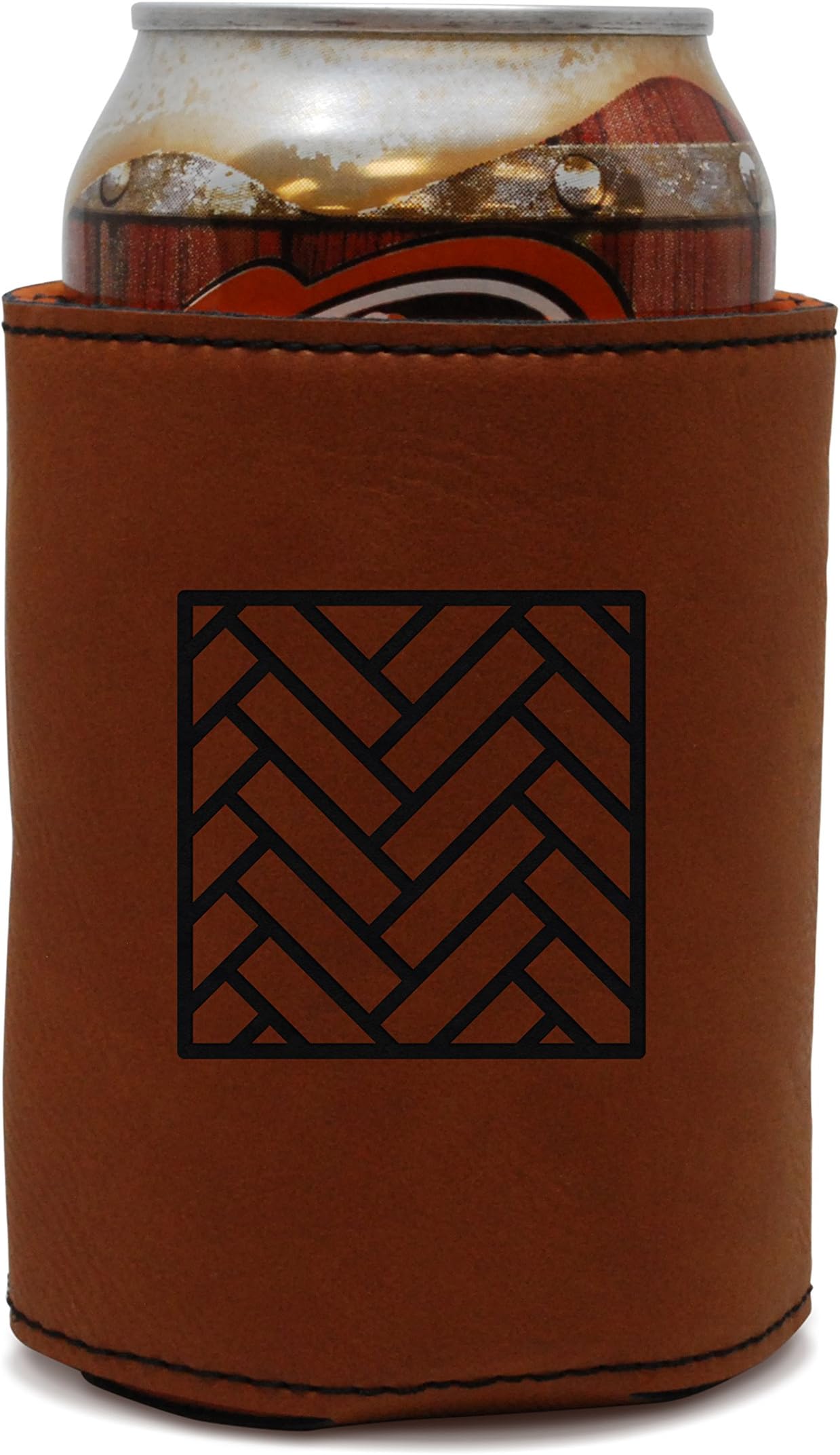 MODERN GOODS SHOP Leather Can Cooler With Parquet Engraving - Oil, Stain, and Water Resistant Beer Hugger - Standard Size Beer and Soda Can Sleeve