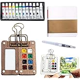 Mini Watercolor Travel Set, 2026 New Portable Pocket Artist Watercolor Paint Set with Picture Book, Wooden Paint Palette for Painters, Artists, and Students (8 Grids with 12 Color Paints)