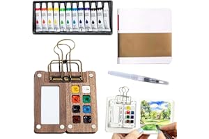 FODEUXP Mini Watercolor Travel Set, 2026 New Portable Pocket Artist Watercolor Paint Set with Picture Book, Wooden Paint Palette for Painters, Artists, and Students (8 Grids with 12 Color Paints)