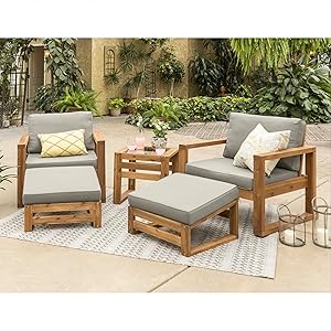 Walker Edison Modern Outdoor Wood Patio Furniture Set Chairs and Ottoman Side Table, All Weather Backyard Garden Patio, 5 Piece - Brown