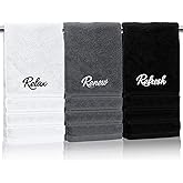 Ddeetodu 3 Pcs Bathroom Towels Decorative Set, Bathroom Decor Towels, Farmhouse Decorative Hand Towel, Embroidered 100% Cotton, Black Decoratives Towel for Bathrooms Boho Decor (Relax Renew Refresh)