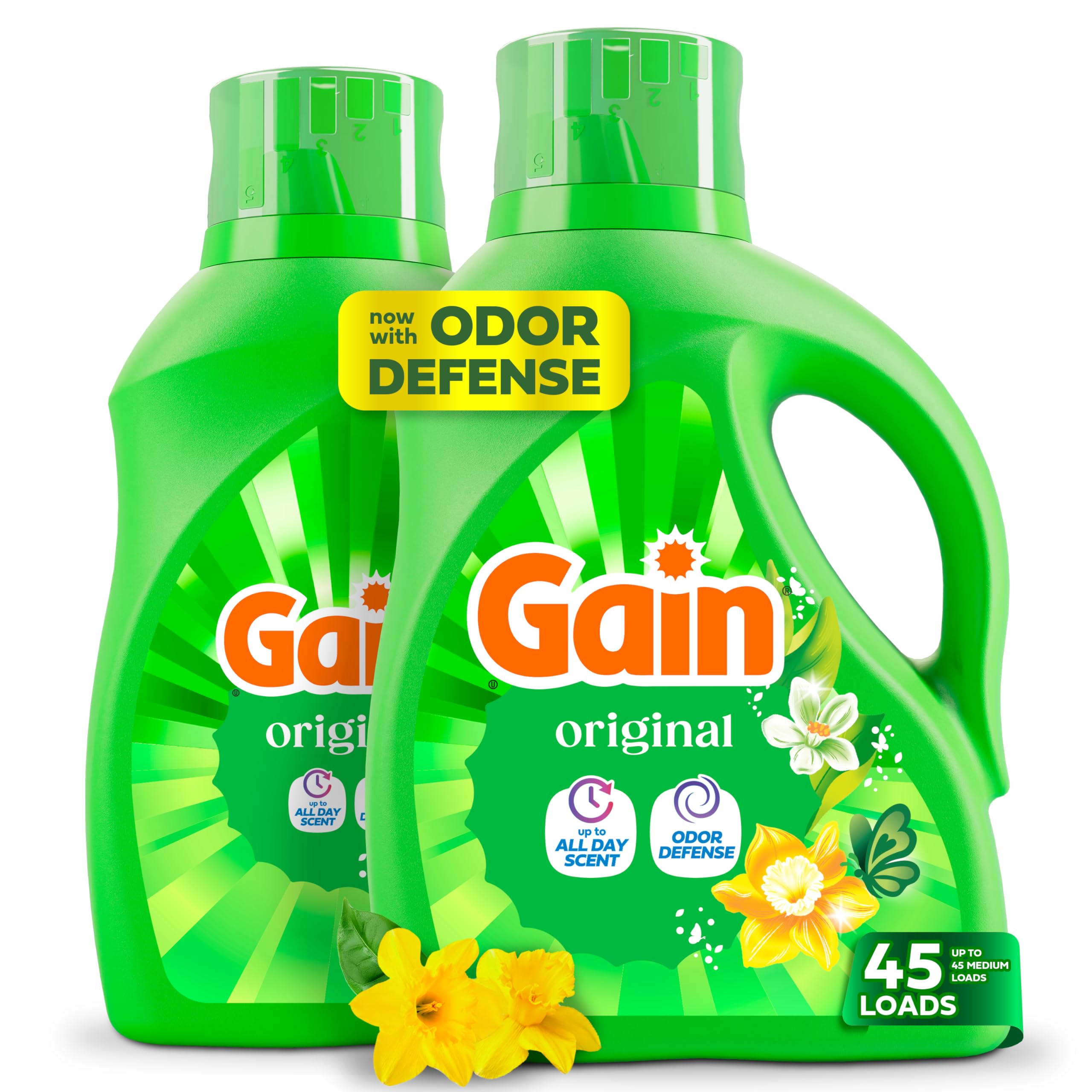 Gain Liquid Laundry Detergent with Odor Defense, Original Scent, Laundry Soap For HE Washing Machines, 60 fl oz, 45 Loads, Pack of 2 (Packaging May Vary)