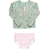 RuffleButts® Baby/Toddler Girls Long Sleeve Rash Guard 2 Piece Swimsuit Set w/UPF 50+ Sun Protection with Zipper
