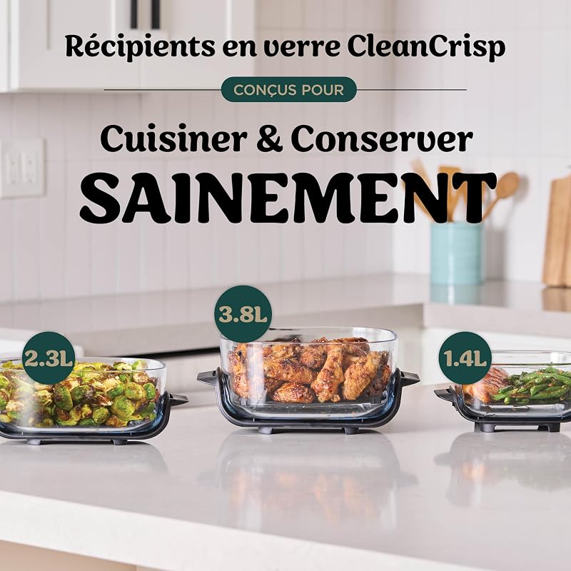 CRISPi Air Fryer Design Compact, 3,8L + 2,3L + 1,4L, 4-en-1: cuisson à l'air chaud, rôtisserie, maintien au chaud, croustillant, 3 récipients en verre amovibles avec couvercles, Vert, FN103EUGN — photo 4 sur 8