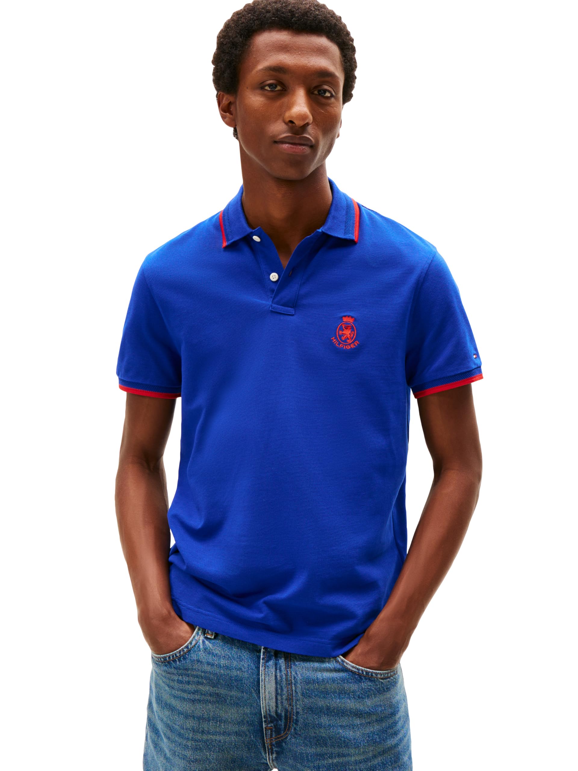 Tommy Hilfiger Men’s Crest Regular Short Sleeve Polo, Wedge Blue Large